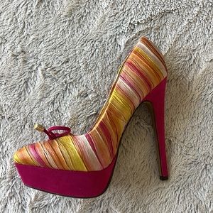 Shoes pink & gold size 8 - runs small. 6 inch platform heels.